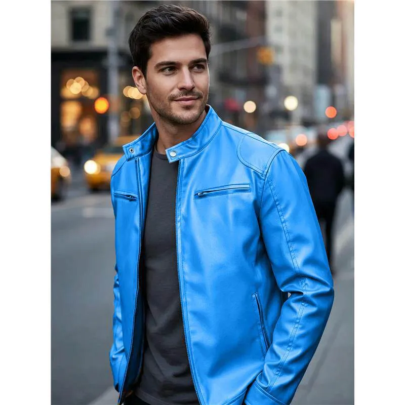 Herren Biker‑Style Kunstlederjacke mit Stehkragen und Reißverschlusstaschen Drune