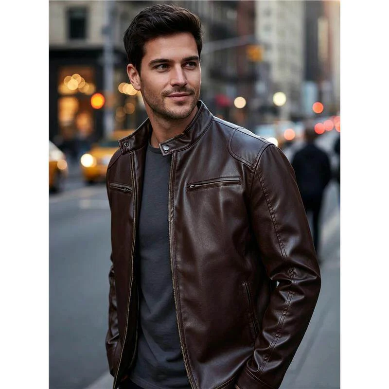 Herren Biker‑Style Kunstlederjacke mit Stehkragen und Reißverschlusstaschen Drune