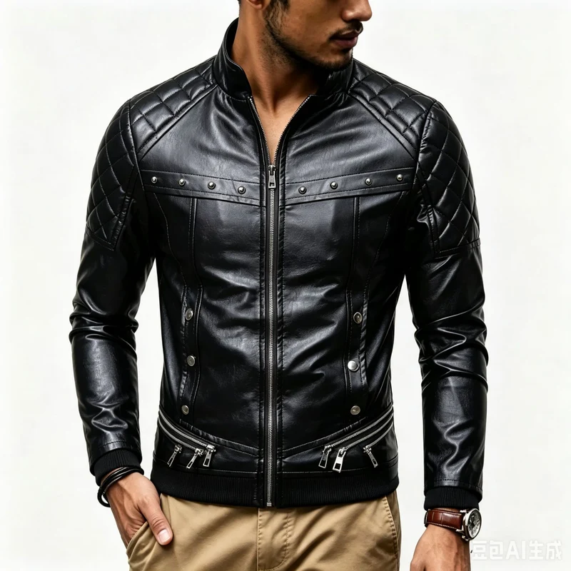 Herren Biker-Lederjacke mit gesteppter Schulter, voluminösem Fellkragen und Zierreißverschlüssen Drune