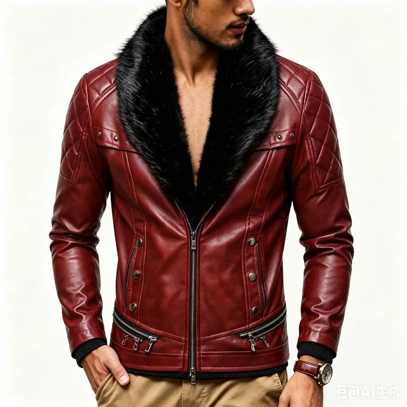 Herren Biker-Lederjacke mit gesteppter Schulter, voluminösem Fellkragen und Zierreißverschlüssen Drune