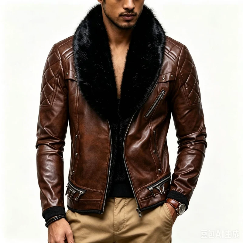Herren Biker-Lederjacke mit gesteppter Schulter, voluminösem Fellkragen und Zierreißverschlüssen Drune