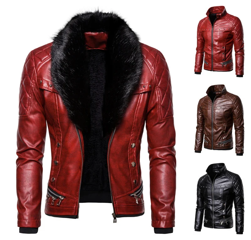 Herren Biker-Lederjacke im Vintage-Look mit gesteppter Schulter und breitem Kunstfellkragen Drune