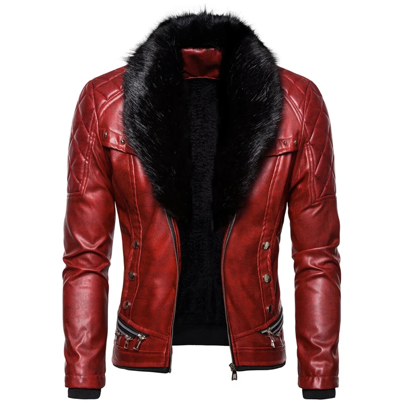 Herren Biker-Lederjacke im Vintage-Look mit gesteppter Schulter und breitem Kunstfellkragen Drune