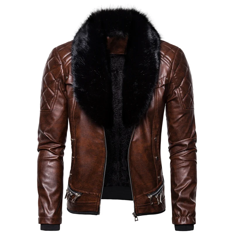 Herren Biker-Lederjacke im Vintage-Look mit gesteppter Schulter und breitem Kunstfellkragen Drune