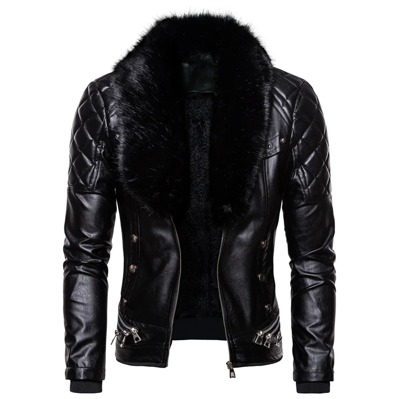 Herren Biker-Lederjacke im Vintage-Look mit gesteppter Schulter und breitem Kunstfellkragen Drune