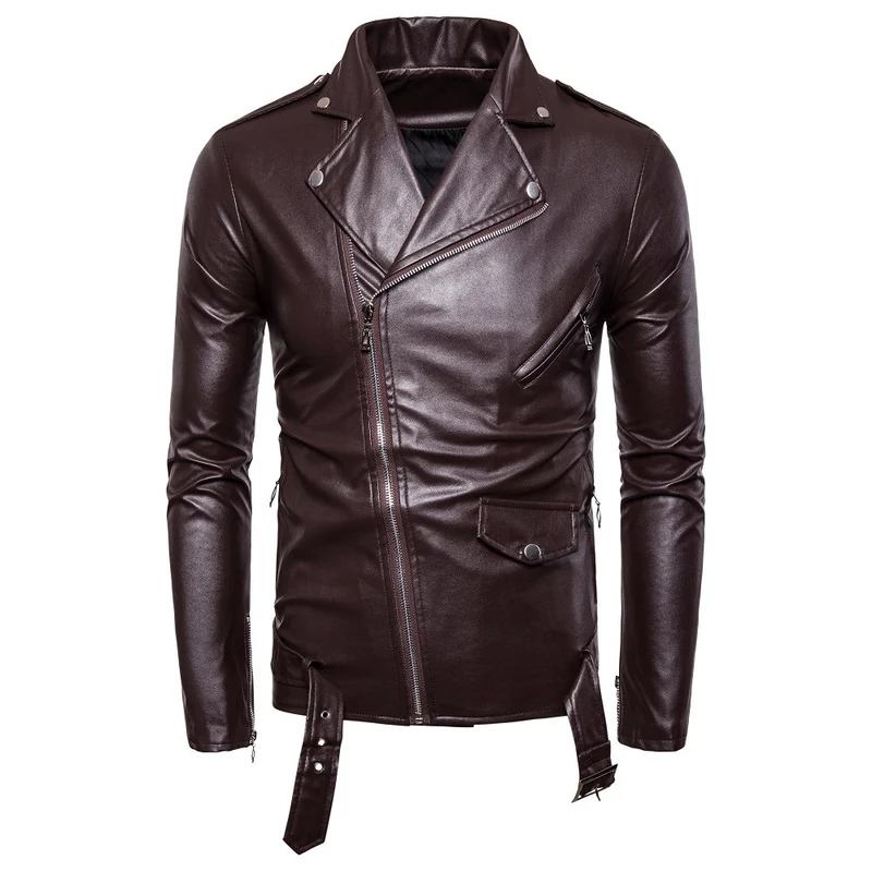 Herren Biker-Lederjacke im Slim-Fit mit asymmetrischem Reißverschluss und Taillengürtel Drune