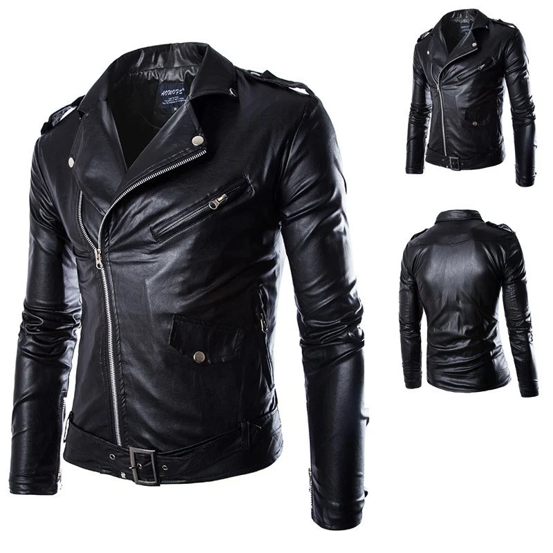 Herren Biker-Lederjacke im Slim-Fit mit asymmetrischem Reißverschluss und Taillengürtel Drune
