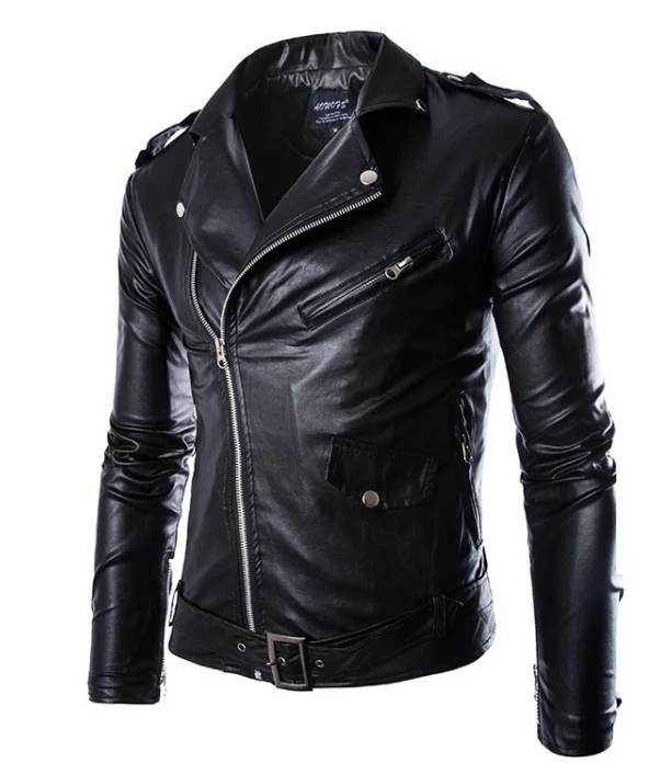 Herren Biker-Lederjacke im Slim-Fit mit asymmetrischem Reißverschluss und Taillengürtel Drune