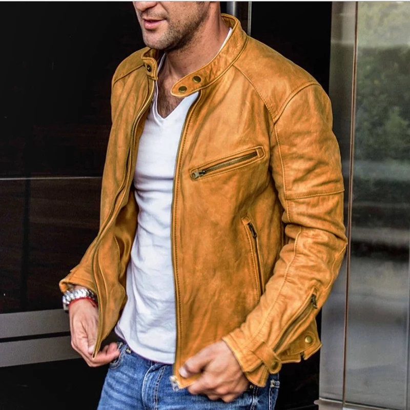 Herren Biker-Lederjacke aus gewaschenem Vollleder mit Stehkragen Drune