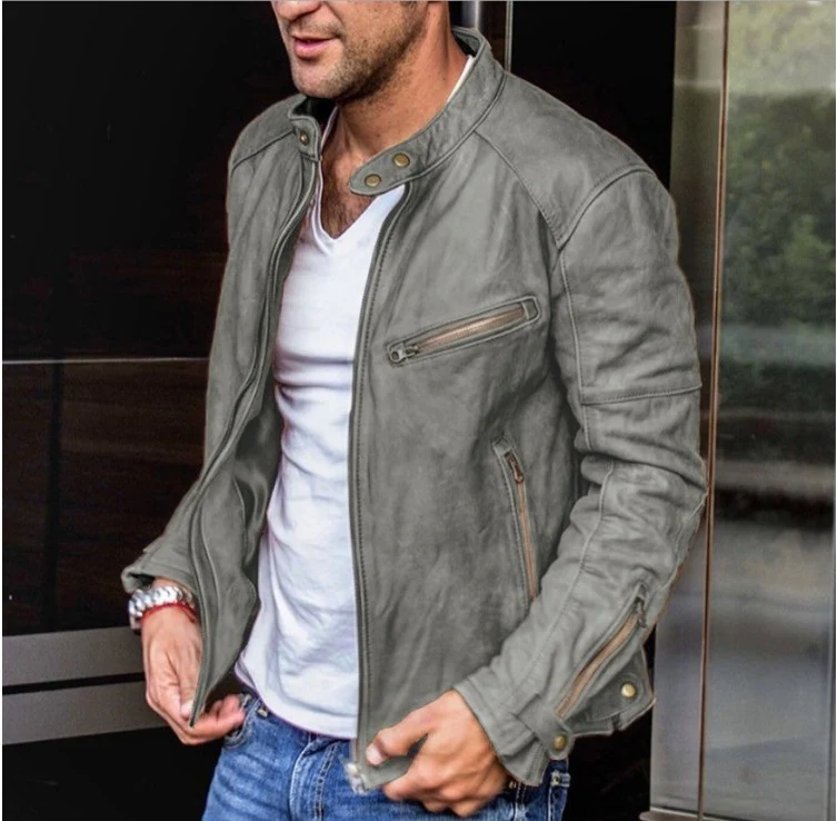 Herren Biker-Lederjacke aus gewaschenem Vollleder mit Stehkragen Drune