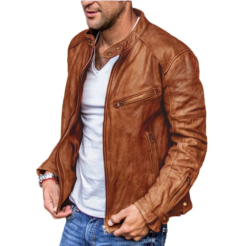 Herren Biker-Lederjacke aus gewaschenem Vollleder mit Stehkragen Drune
