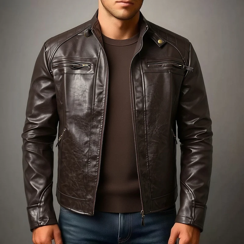 Herren Biker-inspirierte Kunstlederjacke mit Stehkragen, gesteppter Schulterpartie und Reißverschlusstaschen Drune