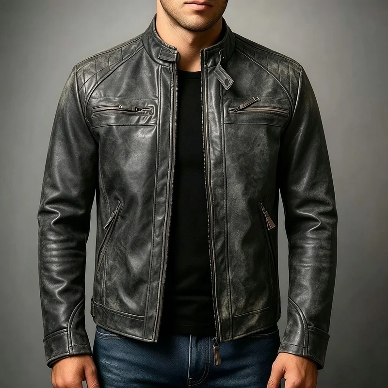 Herren Biker-inspirierte Kunstlederjacke mit Stehkragen, gesteppter Schulterpartie und Reißverschlusstaschen Drune