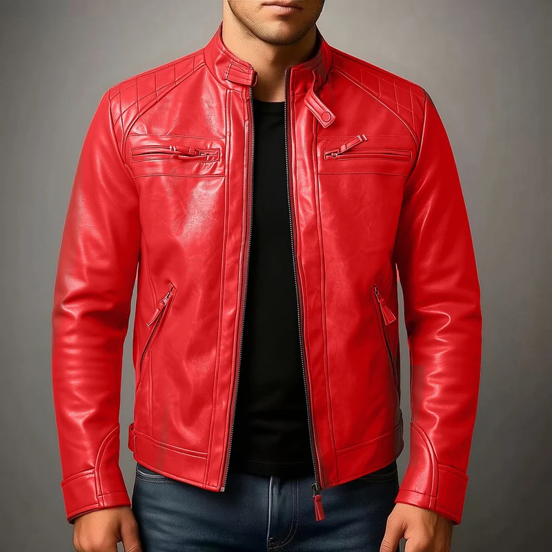 Herren Biker-inspirierte Kunstlederjacke mit Stehkragen, gesteppter Schulterpartie und Reißverschlusstaschen Drune