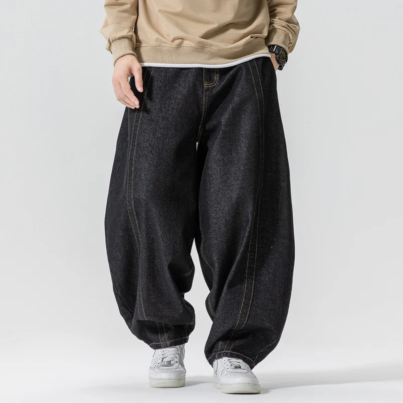 Herren Baggy-Denim-Hose mit extra weitem Bein, tiefem Schritt und sichtbaren Kontrastnähten Drune