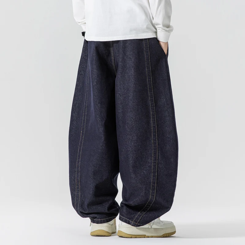 Herren Baggy-Denim-Hose mit extra weitem Bein, tiefem Schritt und sichtbaren Kontrastnähten Drune