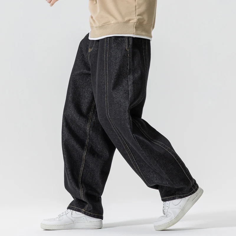 Herren Baggy-Denim-Hose mit extra weitem Bein, tiefem Schritt und sichtbaren Kontrastnähten Drune