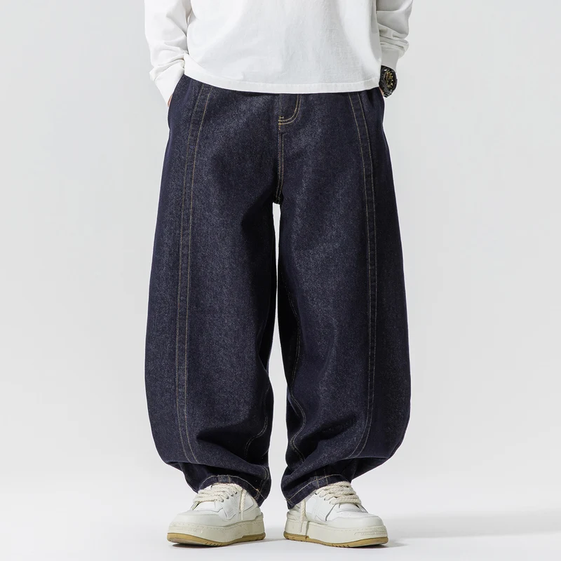 Herren Baggy-Denim-Hose mit extra weitem Bein, tiefem Schritt und sichtbaren Kontrastnähten Drune