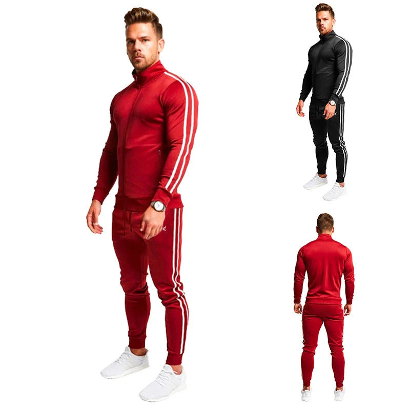 Herren Athletischer Slim-Fit Trainingsanzug mit Stehkragen, Zip-Jacke und Jogger mit Seitenstreifen Drune