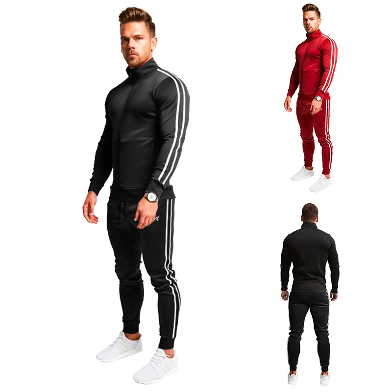 Herren Athletischer Slim-Fit Trainingsanzug mit Stehkragen, Zip-Jacke und Jogger mit Seitenstreifen Drune