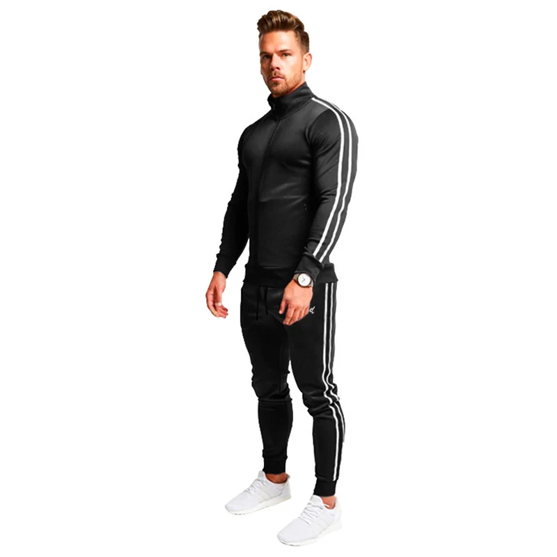 Herren Athletischer Slim-Fit Trainingsanzug mit Stehkragen, Zip-Jacke und Jogger mit Seitenstreifen Drune