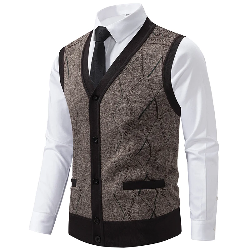 Herren Ärmellose Strickweste mit Rauten‑Muster, V‑Ausschnitt und Knopfleiste Drune