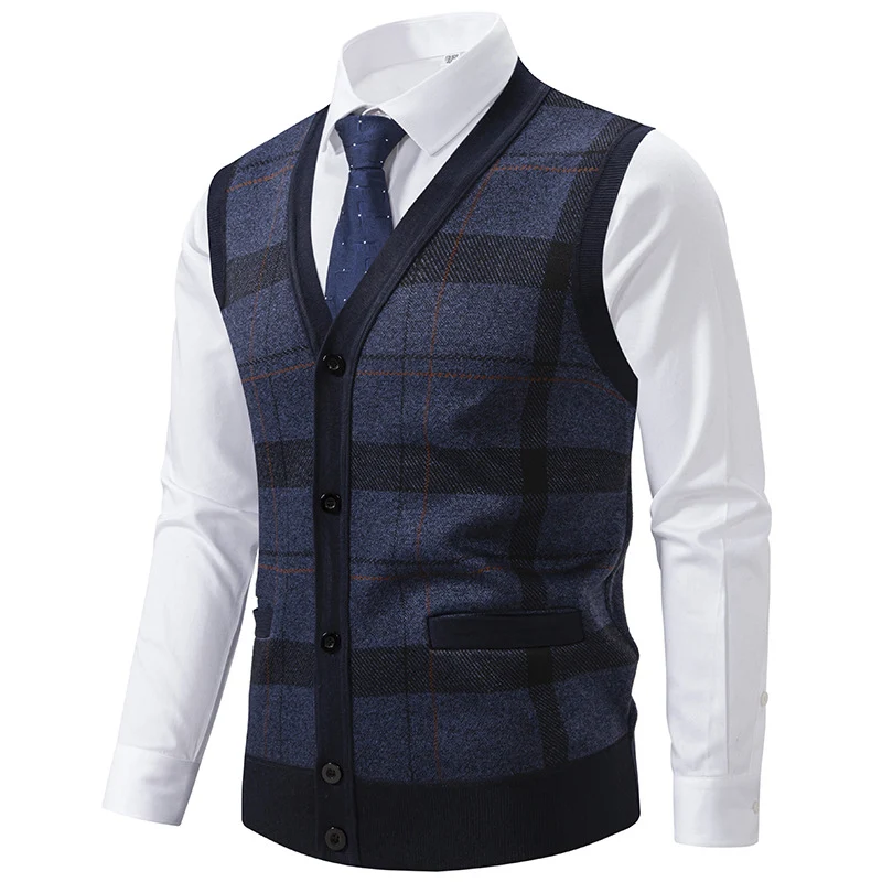 Herren Ärmellose Strickweste mit Rauten‑Muster, V‑Ausschnitt und Knopfleiste Drune