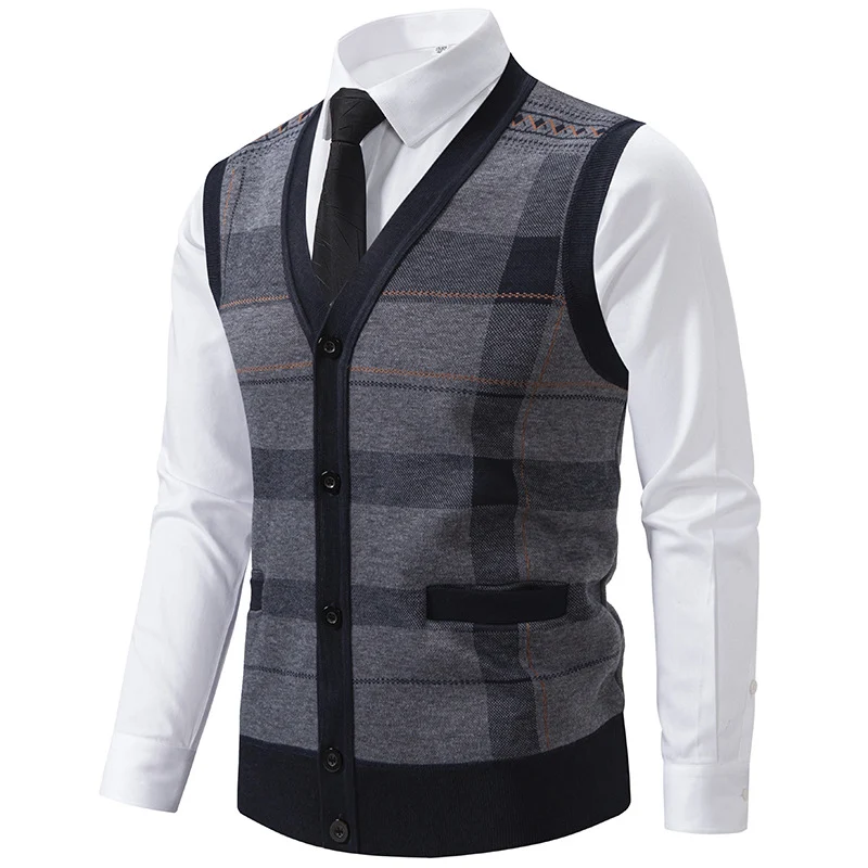 Herren Ärmellose Strickweste mit Rauten‑Muster, V‑Ausschnitt und Knopfleiste Drune
