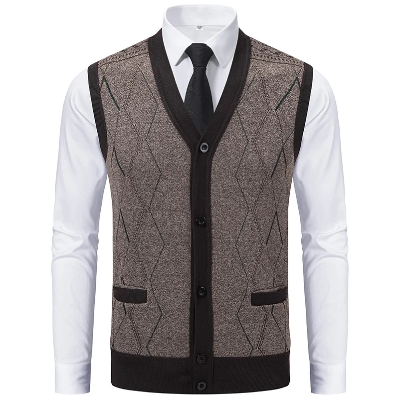 Herren Ärmellose Strickweste mit Rauten‑Muster, V‑Ausschnitt und Knopfleiste Drune