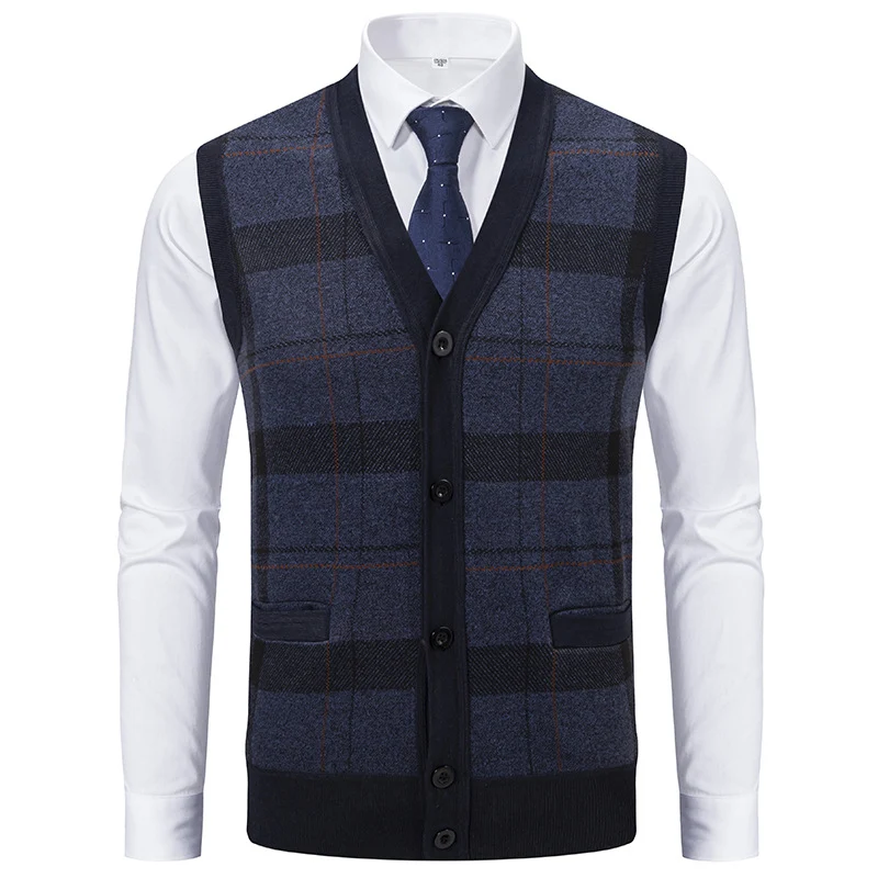 Herren Ärmellose Strickweste mit Rauten‑Muster, V‑Ausschnitt und Knopfleiste Drune