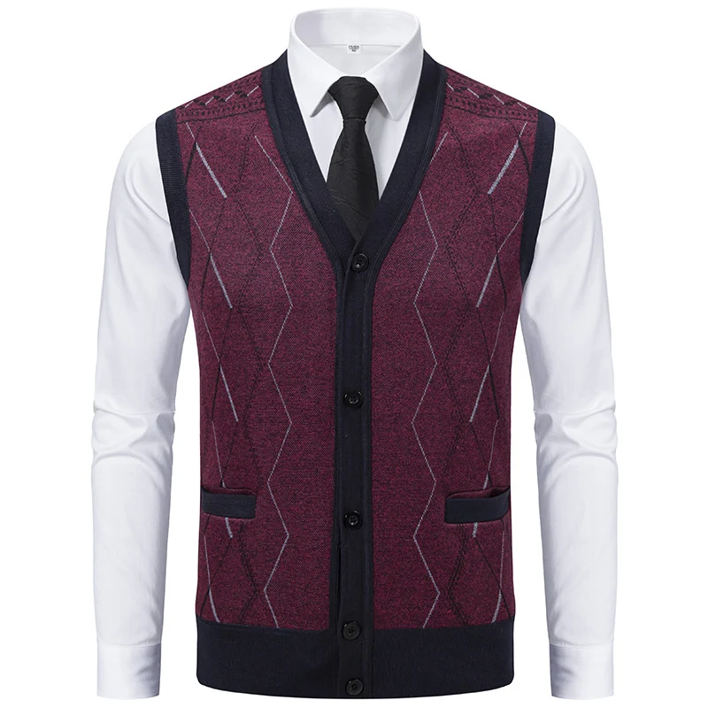 Herren Ärmellose Strickweste mit Rauten‑Muster, V‑Ausschnitt und Knopfleiste Drune