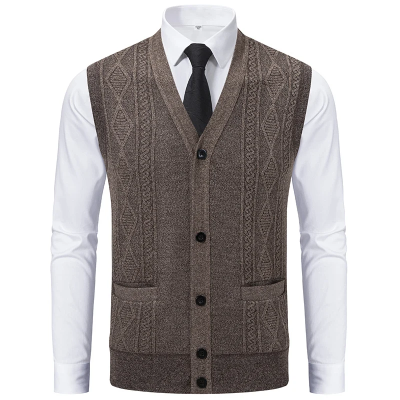 Herren Ärmellose Strickweste mit Rauten‑Muster, V‑Ausschnitt und Knopfleiste Drune