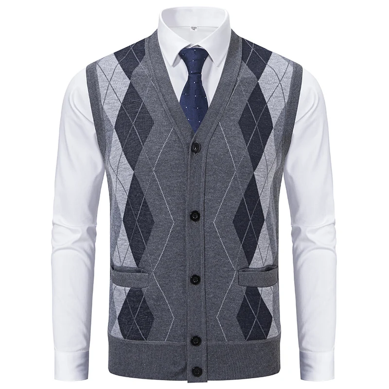 Herren Ärmellose Strickweste mit Rauten‑Muster, V‑Ausschnitt und Knopfleiste Drune