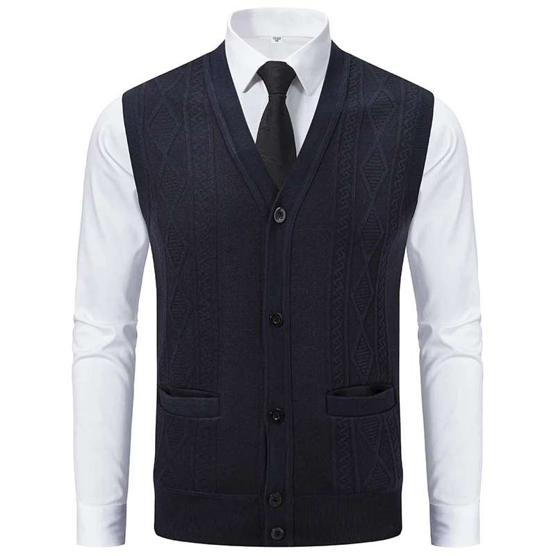 Herren Ärmellose Strickweste mit Rauten‑Muster, V‑Ausschnitt und Knopfleiste Drune