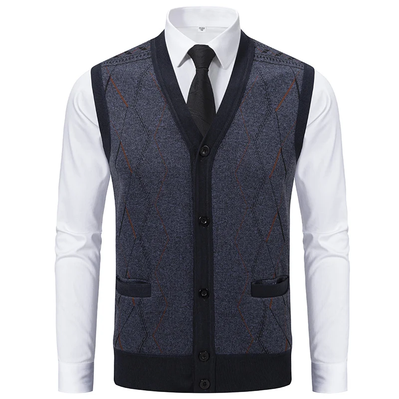 Herren Ärmellose Strickweste mit Rauten‑Muster, V‑Ausschnitt und Knopfleiste Drune