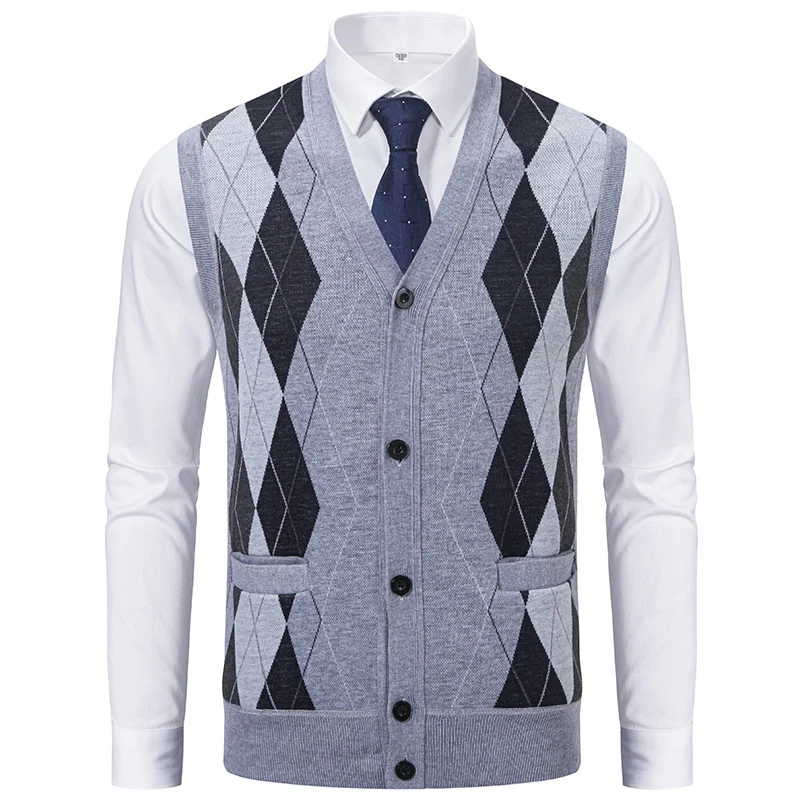 Herren Ärmellose Strickweste mit Rauten‑Muster, V‑Ausschnitt und Knopfleiste Drune