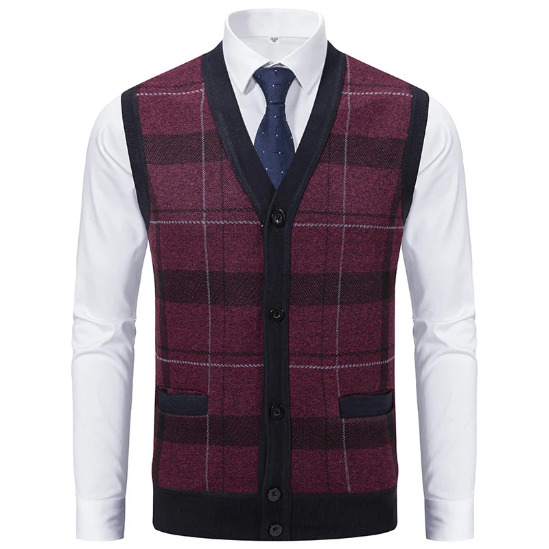 Herren Ärmellose Strickweste mit Rauten‑Muster, V‑Ausschnitt und Knopfleiste Drune