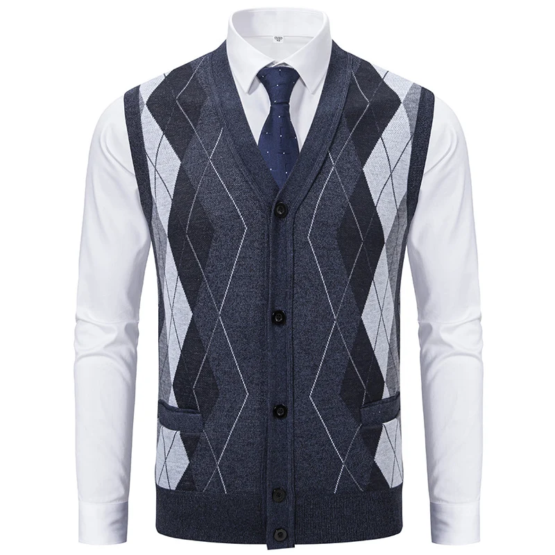 Herren Ärmellose Strickweste mit Rauten‑Muster, V‑Ausschnitt und Knopfleiste Drune