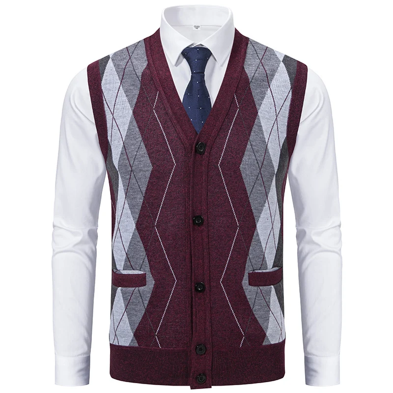 Herren Ärmellose Strickweste mit Rauten‑Muster, V‑Ausschnitt und Knopfleiste Drune