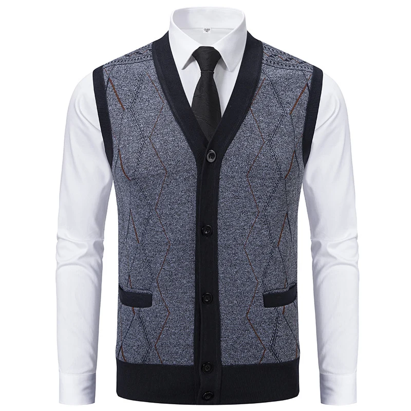 Herren Ärmellose Strickweste mit Rauten‑Muster, V‑Ausschnitt und Knopfleiste Drune