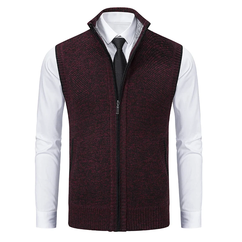 Herren Ärmellose Mélange‑Strickweste mit Stehkragen, durchgehendem Reißverschluss und Eingrifftaschen Drune