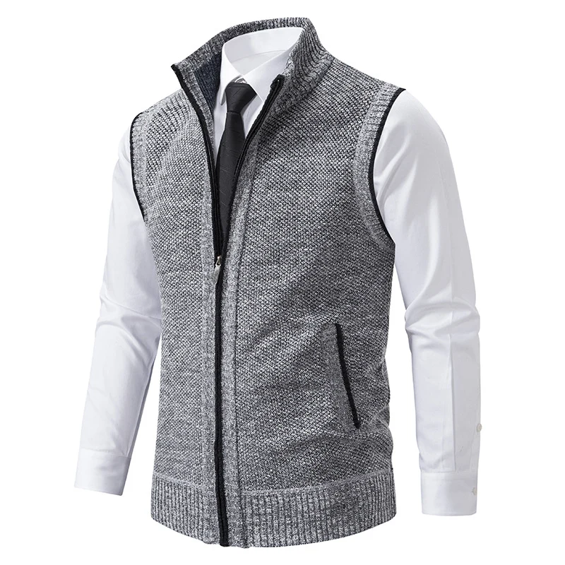 Herren Ärmellose Mélange‑Strickweste mit Stehkragen, durchgehendem Reißverschluss und Eingrifftaschen Drune