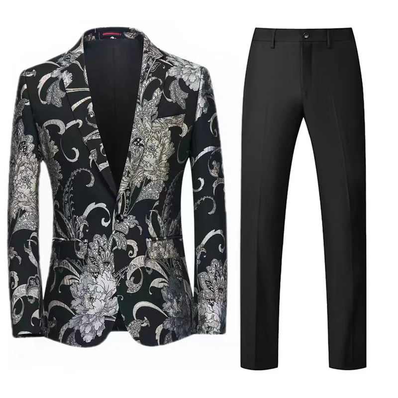 Damen Zweiteiliges Satin-Jacquard-Sakko mit floralem Muster und taillierter Passform sowie Slim-Fit Anzughose Drune
