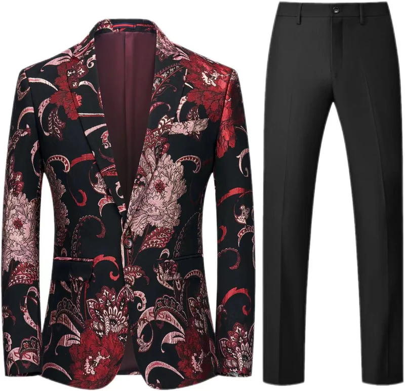 Damen Zweiteiliges Satin-Jacquard-Sakko mit floralem Muster und taillierter Passform sowie Slim-Fit Anzughose Drune