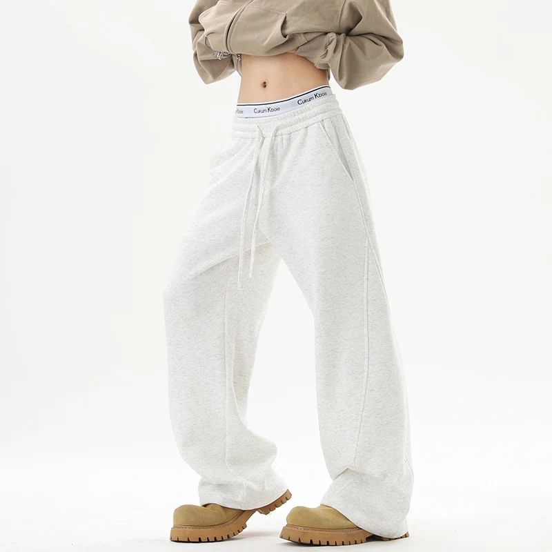 Damen Weite Loungehose mit hoher Taille aus Fleece, Tunnelzug und Seitentaschen Drune