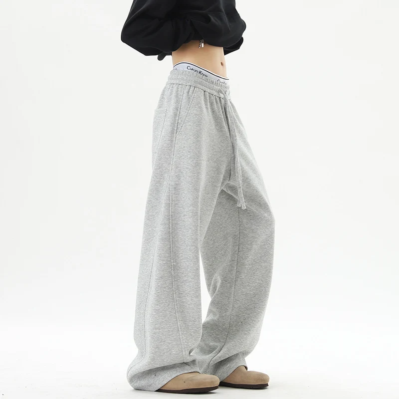 Damen Weite Loungehose mit hoher Taille aus Fleece, Tunnelzug und Seitentaschen Drune