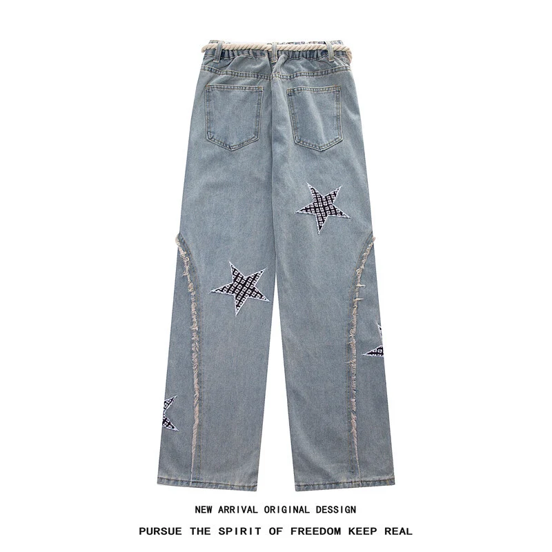 Damen Weite High‑Waist Denimhose mit Stern‑Applikationen, Fransen‑Seitenschlitzen und Kordelbund Drune