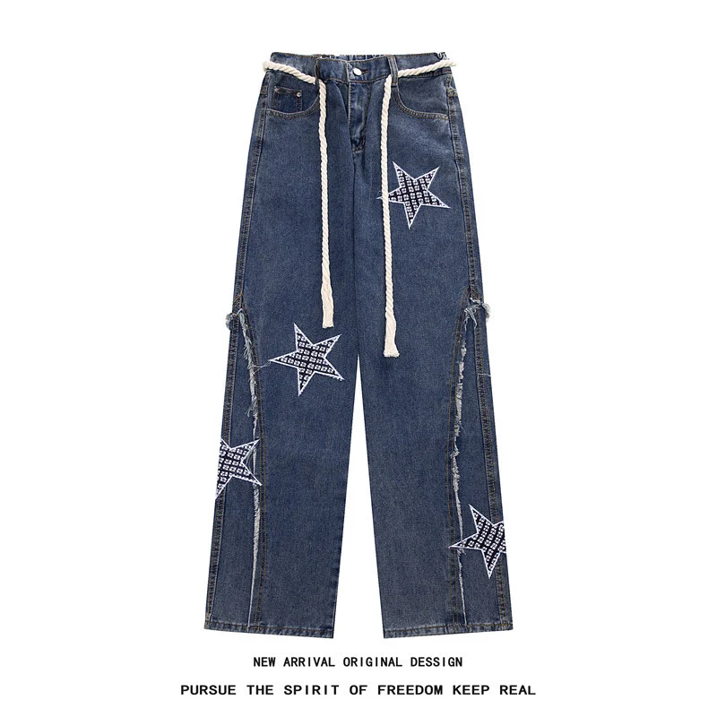 Damen Weite High‑Waist Denimhose mit Stern‑Applikationen, Fransen‑Seitenschlitzen und Kordelbund Drune
