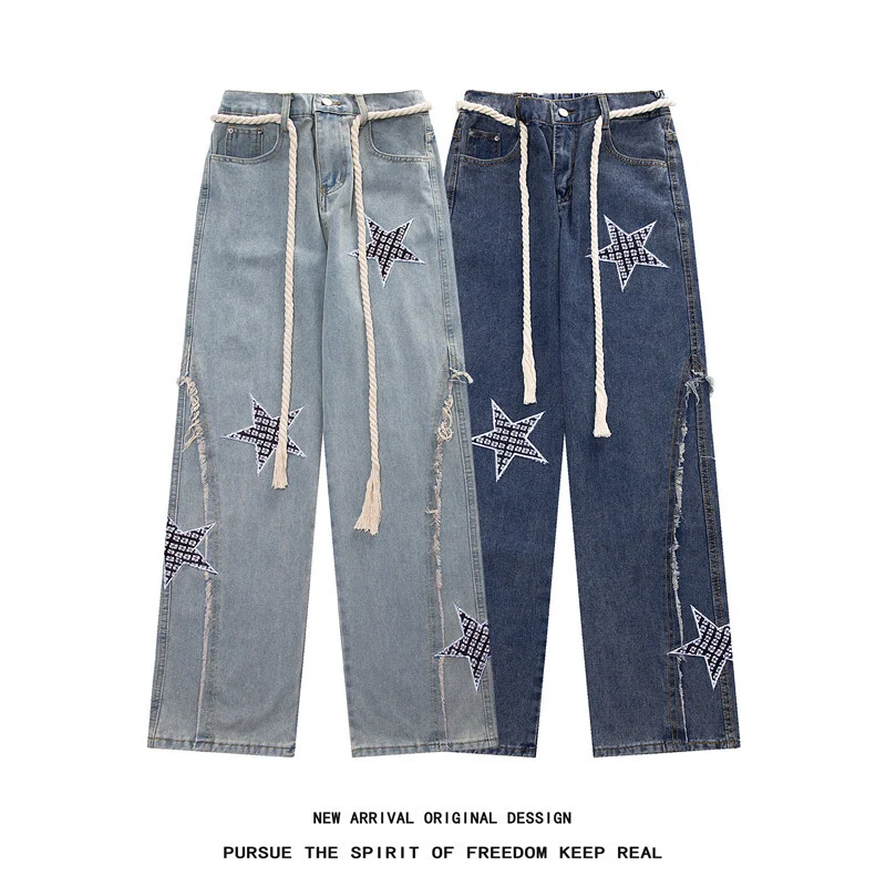 Damen Weite High‑Waist Denimhose mit Stern‑Applikationen, Fransen‑Seitenschlitzen und Kordelbund Drune