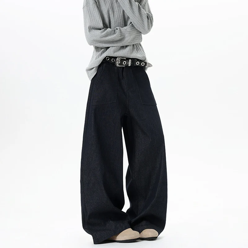 Damen Weite High Waist Denimhose mit extra weitem Bein und aufgesetzten Vordertaschen Drune